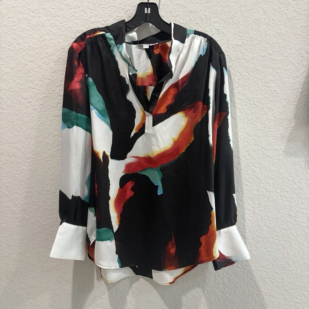 Chico’s Size 2 Abstract Print Blouse Long Sleeve Split Neck Tunic Top L